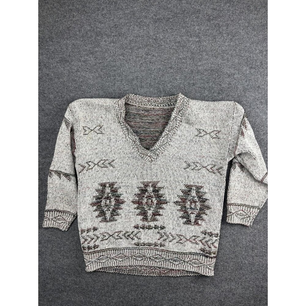 Southwestern Knit Sweater Mens Large Beige V Neck Geometric‎ Aztec Pullover